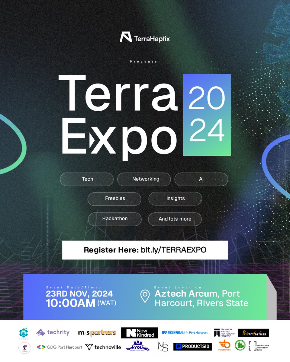 The big day is almost here!!!

On Saturday November 23rd, Port Harcourt city will host the biggest AI and Drone event in Africa this year at Aztech Arcum.

Join us for FREE to witness the prominence of Africa in tech via bit.ly/TERRAEXPO

Tell someone to tell someone ☺️🫵🏾