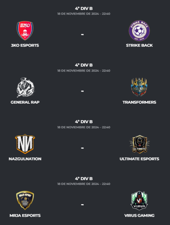 PLG_Spain's tweet photo. Jornada 5⃣ - 4ª B
@3KO_eSports - #StrikeBack
@generalrrap - @transformers_cf
@NazgulNation - @UltimateEsp17
@MRJAeSport - @_Virus_Gaming
@Marbella_FC_ - @laperlaturca77
#KamiLegends - @IberiansGaming
@BallOwners2024 - @FutbolLindoCF
@CristalPanas - @CMineraeSports https://t.co/NoWqUvzfqX