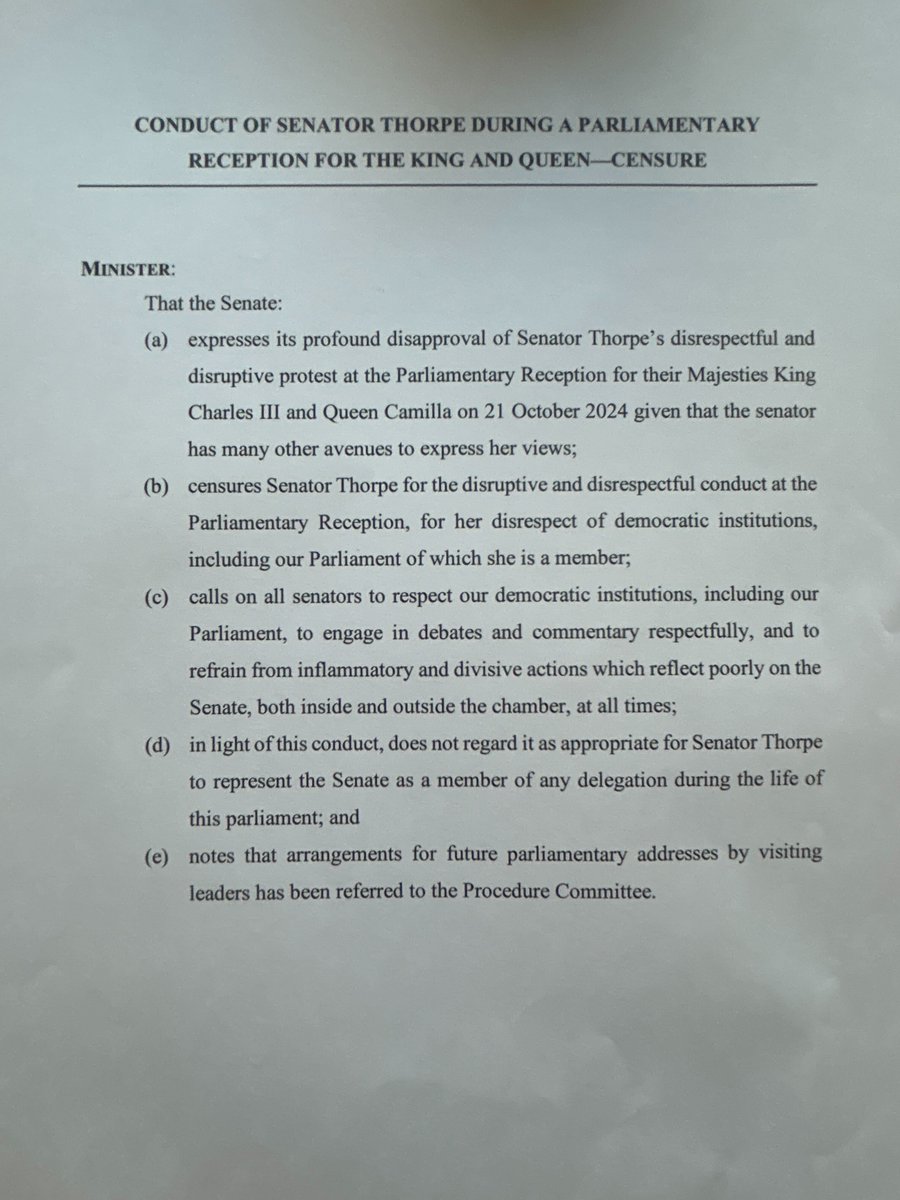 SenatorThorpe's tweet image. This censure motion shows where the major parties priorities lie.

They don’t stand with First Peoples in this country. They stand against justice for our people, preferring instead to defend a foreign king, rather than listen to the truth.