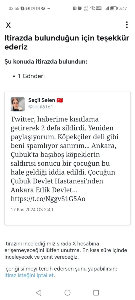 selen_secil123's tweet photo. Ankara'da ısırılan çocuğun haberini 3. kez sildirdiler bana. 

Bu haberin yayılmaması için bu gece mesai yapıyorlar belli.

Her olayda 'raporu nerde' diyen kitle yine iş başında. Ama onlar da biliyor ki her seferinde aileye ulaştım ve kanıtları yayınladım..

Kuduz olayında tarımdan aldığım belgeyi yayınladığım gibi.