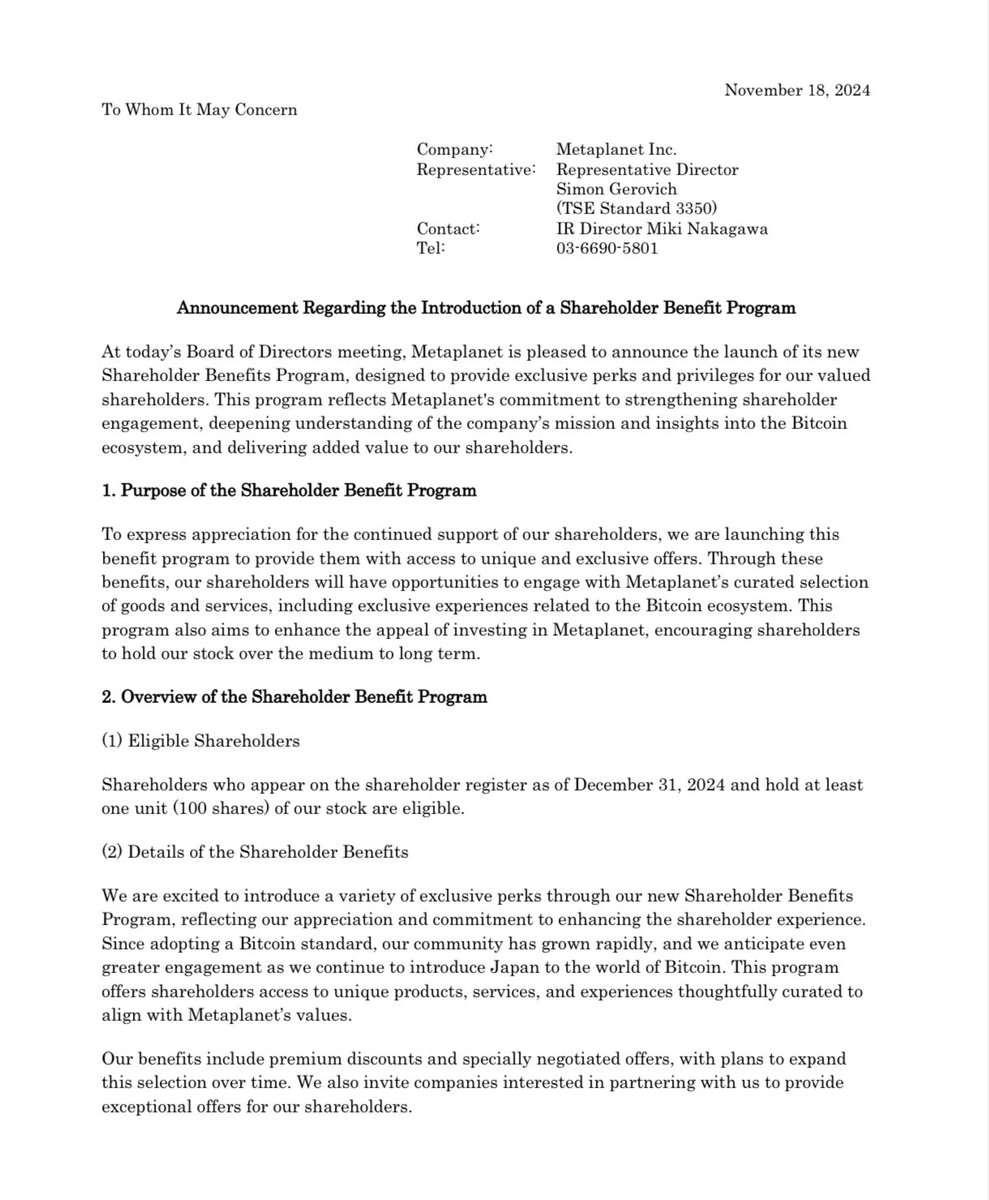 Introducing the Metaplanet Shareholder Benefits Program – Exclusive Perks  for Our Shareholders! Featuring partnerships with @sbivc_official,  @TheBitcoinConf, @BitcoinMagazine, Hotel Royal Oak Gotanda, and  @Webull_Japan!