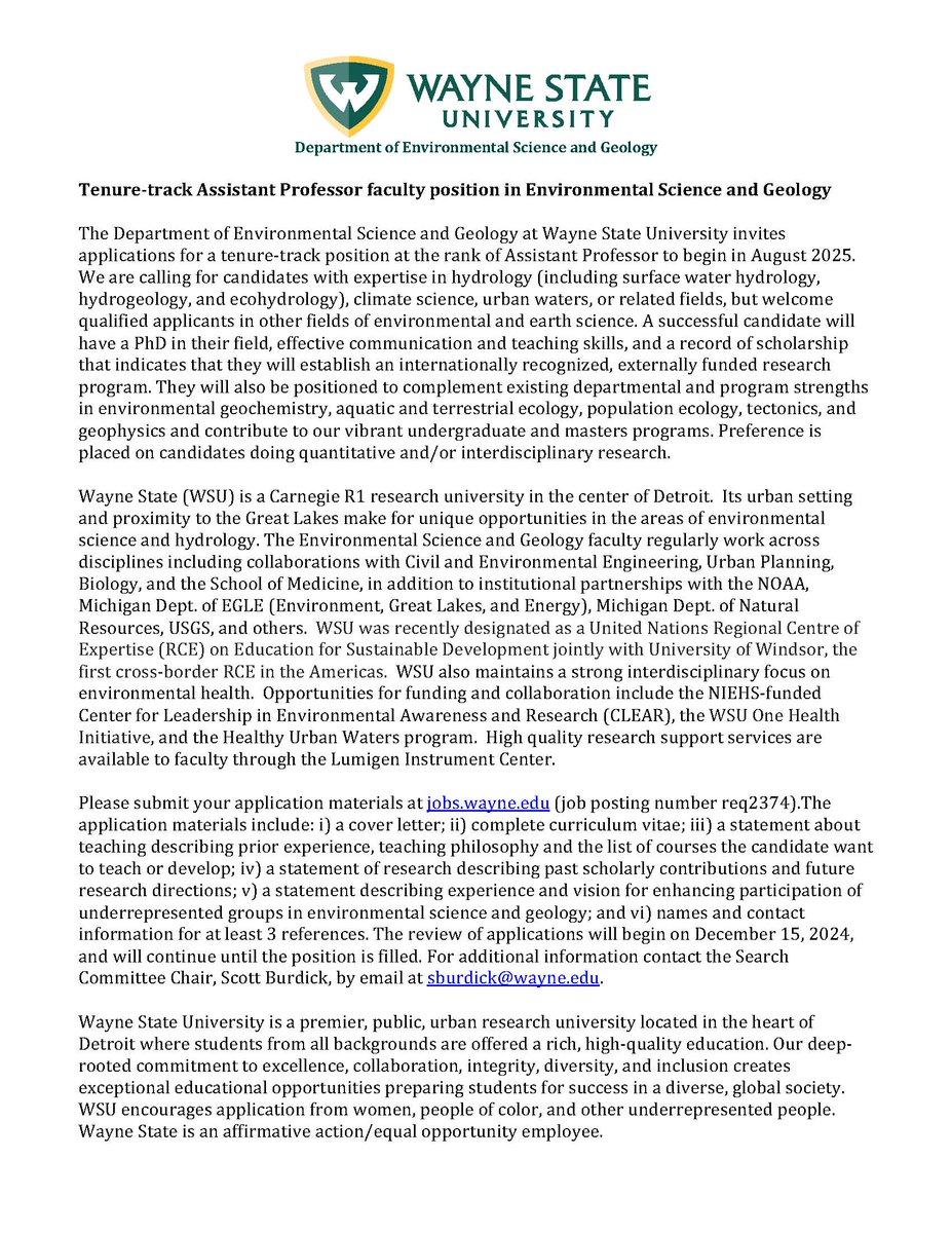 Tenure-track Assistant Professor position in Env. Sci. &amp; Geology at Wayne State University invites applications for a tenure-track position, specifically with expertise in hydrology (e.g.surface water hydrology, &amp; ecohydrology), climate science, urban waters, or related fields.
