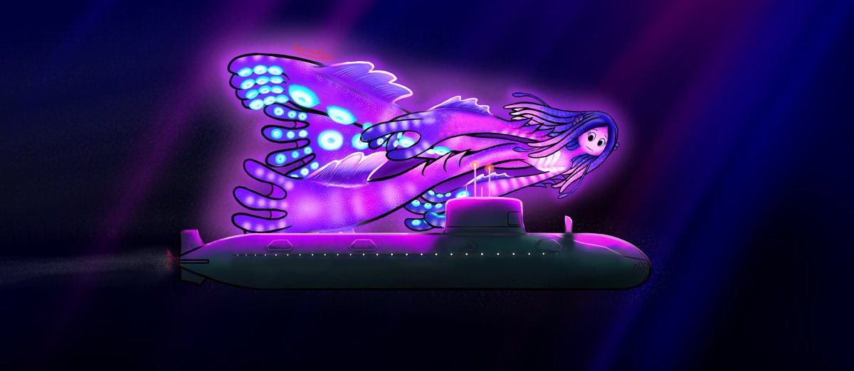 ArtSeldon's tweet photo. The submarine probably did not suspect that he was not the only one swimming in the dark depths. Until an unknown but enchanting light fell on its metal coating #RubyGillman #TeenageKraken #RubyGillmanfanart #DreamWorks https://t.co/8CXpC7YL75