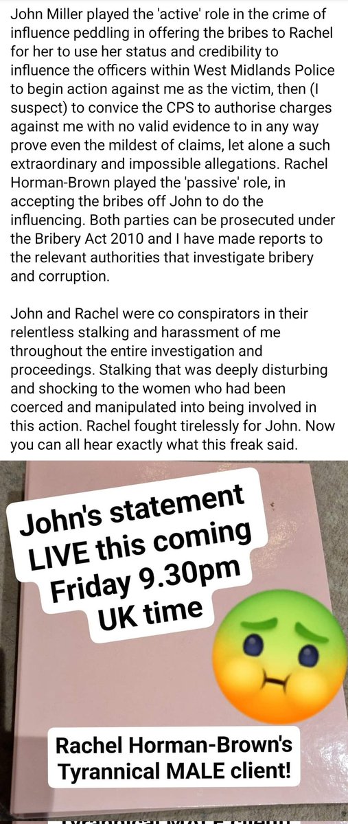 This Friday 9.30pm FB Live. I will be reading out the statements written by John Miller, who attempted to have me falsely convicted for stalking him after I caused his illegal pyramid scheme to implode with my exposure. This is Rachel Horman-Brown's client, whom she advocated for