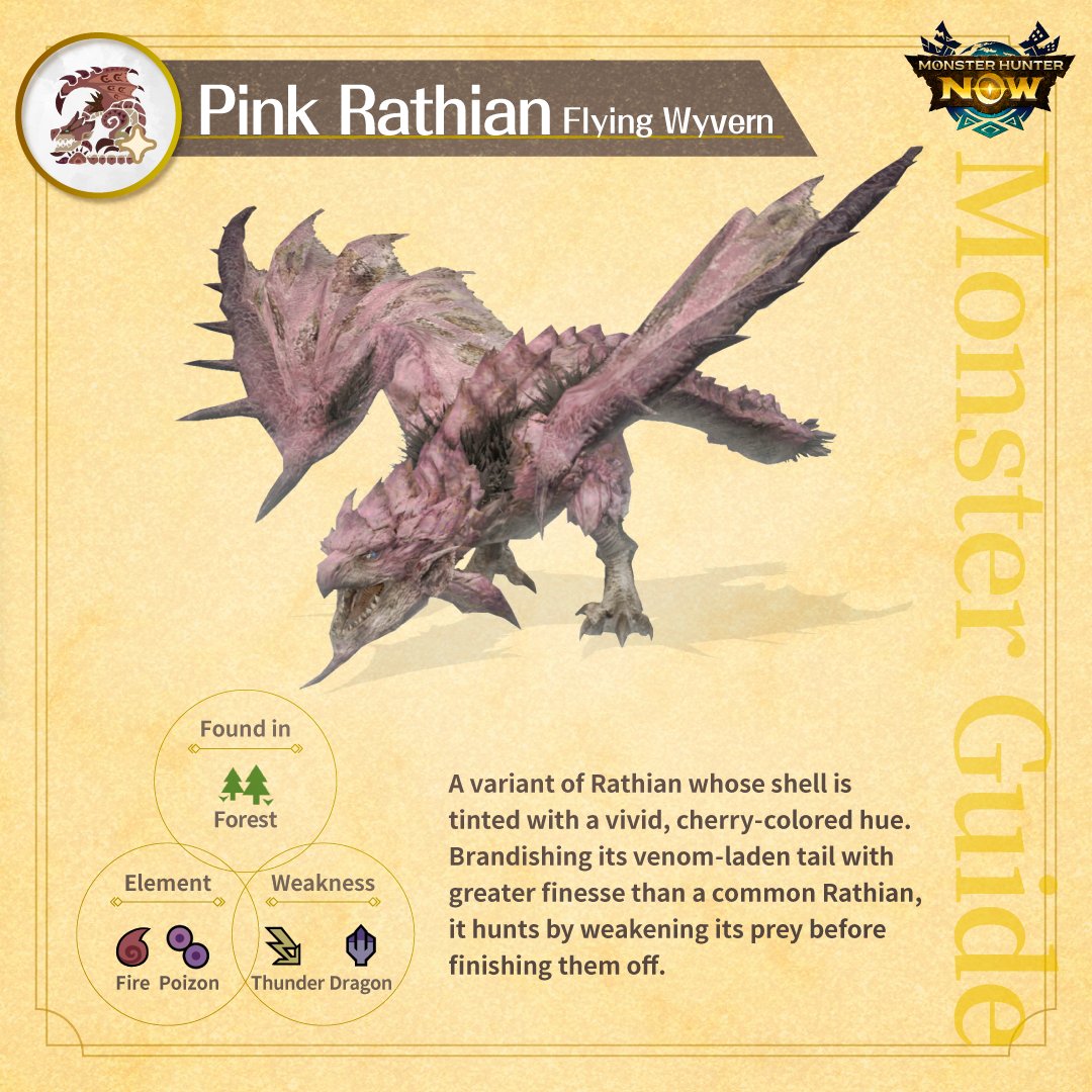 MH_Now_EN's tweet image. The graceful arrival of the cherry-colored monster! 🌸

#PinkRathian

This subspecies displays different behavior compared to its regular counterpart.
Watch its attacks carefully before evading and then aim for its weak head, wings, and tip of its tail!

#MonsterGuideNow