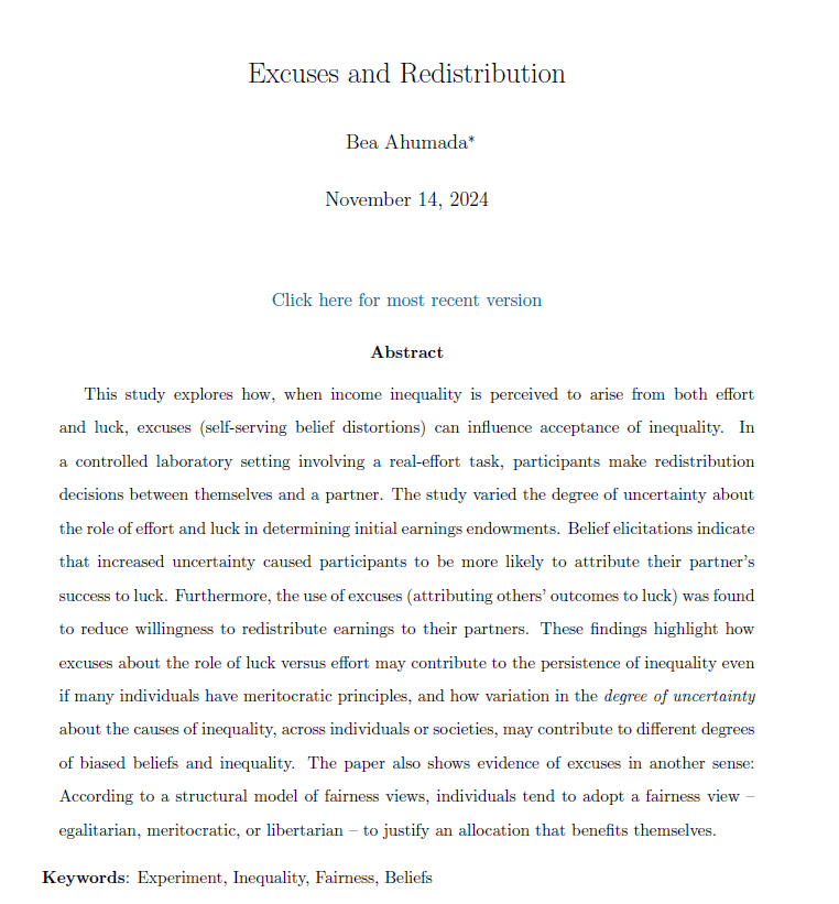 I’m on the Job Market! 🚨

Ever wondered how does uncertainty about sources of inequality affects redistribution?  In my jmp, Excuses and Redistribution, I explore how people use excuses to distort beliefs about merit and luck, justifying self-serving behavior. 🧵(1/7)