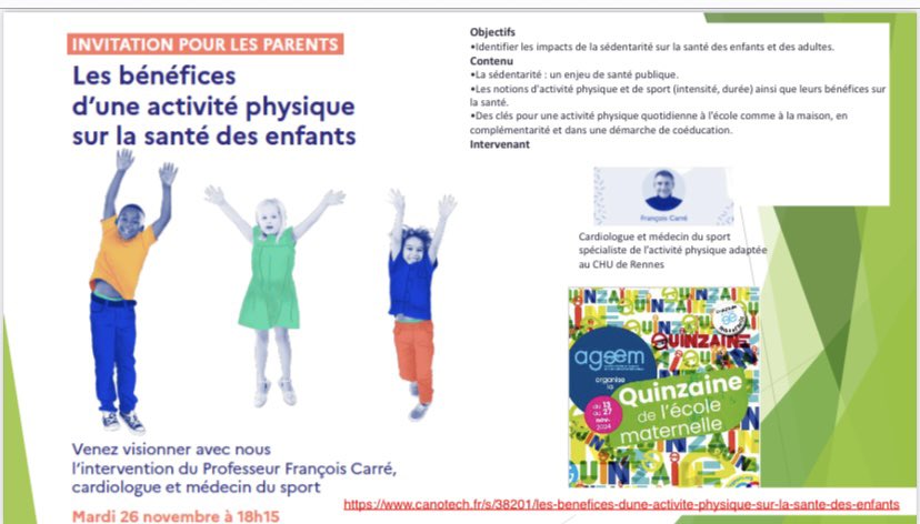 Les bénéfices de l’activité physique pour nos élèves sont indéniables. Et pourquoi pas partager un temps de conférence avec les parents en écoutant le professeur Francois Carré ? Il donnera des pistes pour proposer une activité physique  quotidienne aux enfants à la maison .