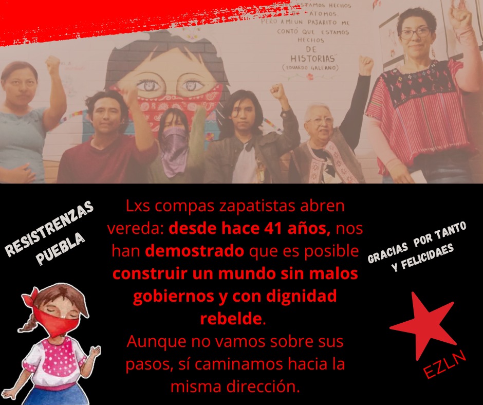 ¡¡¡QUE VIVA LA DIGNA LUCHA DEL EZLN!!!
41 años demostrando que otro mundo, uno de dignidad y rebeldía, es posible.
Desde Resistrenzas nos manifestamos contra las agresiones a las bases de apoyo zapatistas y exigimos respeto a su autonomía.
#EZLN41ANIVERSARIO
