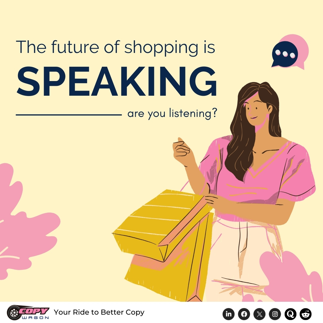 CopyWagon's tweet photo. Shopping via voice commands is happening now! With more consumers using devices like Alexa and Siri, it’s essential to optimize for voice search. Think about how customers find your products using their voice.

Are you ready for this shift?

#VoiceCommerce #EcommerceTips https://t.co/87SLurhE1y