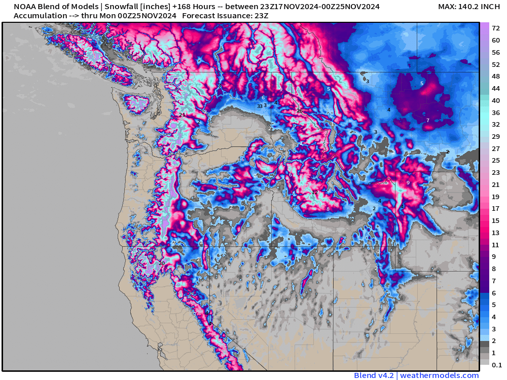 Mountain snow will be measured in feet.  

Hopefully this is just the beginning of a bountiful Water Year across the Pacific Northwest and California with deep snow pack.