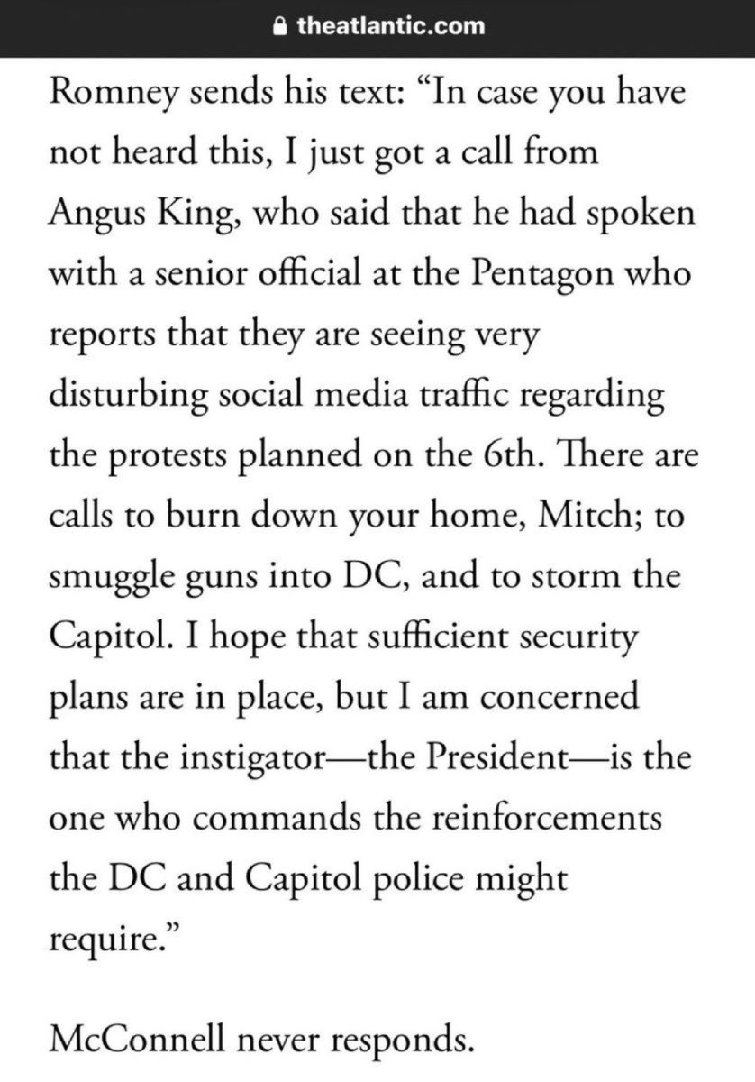 highbrow_nobrow's tweet photo. On January 2, 2021, days before the January 6 attack, Senator Mitt Romney (R-UT) sent a text message to Minority Leader Mitch McConnell (R-KY) warning him about what he was hearing.  

McConnell never responded to the text. @TheAtlantic. https://t.co/l8EbZFL17F