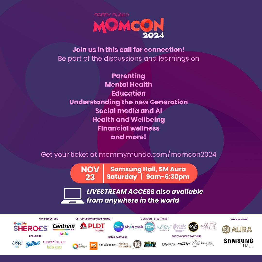 momblogger's tweet photo. Let’s learn about how to connect better, with ourselves, our children, and the world. See you at @MommyMundo MomCon 2024: #CalltoConnect !
On Nov 23, 2024 9-6:30pm (PH time)
In person at the Samsung Hall, @SmAuraPremier
or from anywhere in the world on livestream
Get your tickets at https://t.co/ikTPWNpLHM
Photo by @stanongphotog for @mommymundo
#MommyMundo
#MomCon2024
#Mompowerment
#MomConnect
