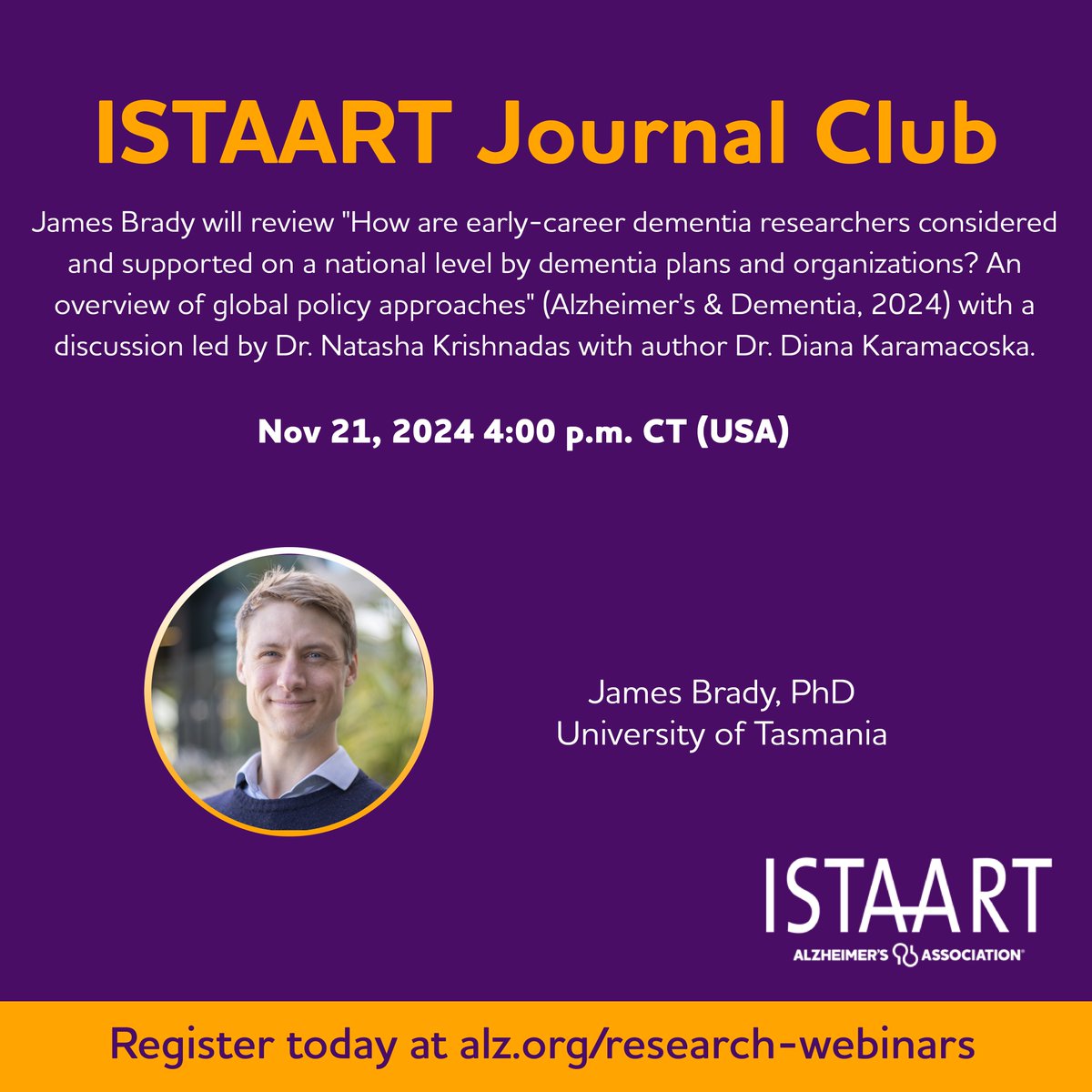 Join <a href="/ISTAART/">ISTAART</a> <a href="/alzassociation/">Alzheimer's Association</a> for a journal club webinar this Friday at 9am!

Discussion led by Natasha Krishnadas and Diana Karamacoska will be reviewing a recent publication evaluating support for #earlycareer #dementia #researchers😊

Register at alz.org/research-webin…