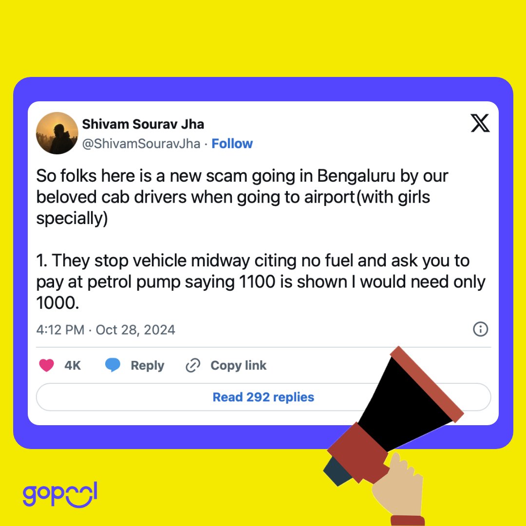 gopool_app's tweet photo. Travellers at Bengaluru airport are facing a scam where cab drivers ask for extra fuel charges. Shivam Sourav Jha mentioned his friend was charged an additional ₹1,000 for fuel, a situation unfortunately experienced by many. 

#GoPool #Bangalore #Awareness #India #transport https://t.co/XzARrseUDZ