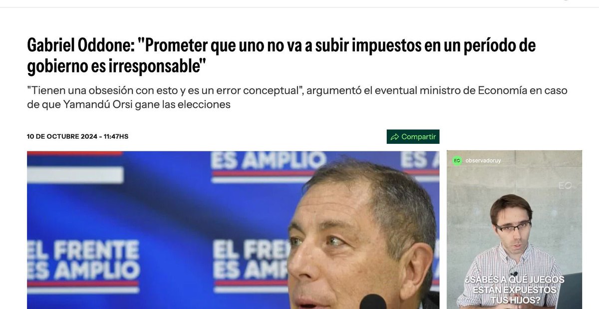 Orsi ahora sostiene que no va a subir los impuestos, contradiciendo a su candidato a ministro de Economía y las Bases Programáticas del Frente Amplio.
De hecho, Oddone dijo que es irresponsable afirmar que no se subirán los impuestos.
#DebateUy #ElPróximoPresidente