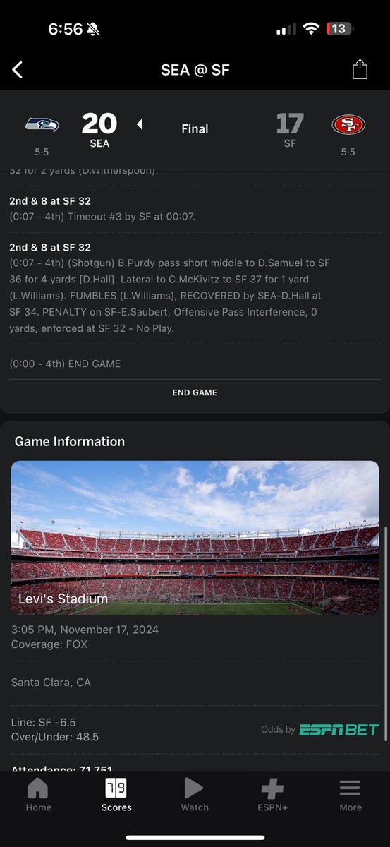 Jay_Bones2's tweet photo. @FDSportsbook @NFL Can someone explain to me why Deebo only has 4 catches. He should have 5. They are claiming the penalty was accept but the ref says it was declined. https://t.co/JQjCasUGyu