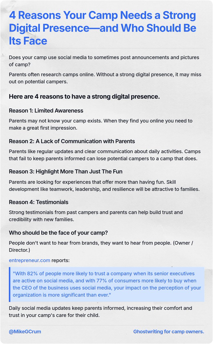 MikeGCrum's tweet photo. 4 Reasons Your Camp Needs a Strong Digital Presence—and Who Should Be Its Face https://t.co/GALV7hT7R6