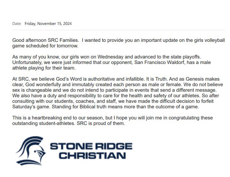SacMaxPreps's tweet image. The Stone Ridge Christian volleyball team forfeited its match on Saturday in the NorCal DVI semis. Here is a note from the school on why.