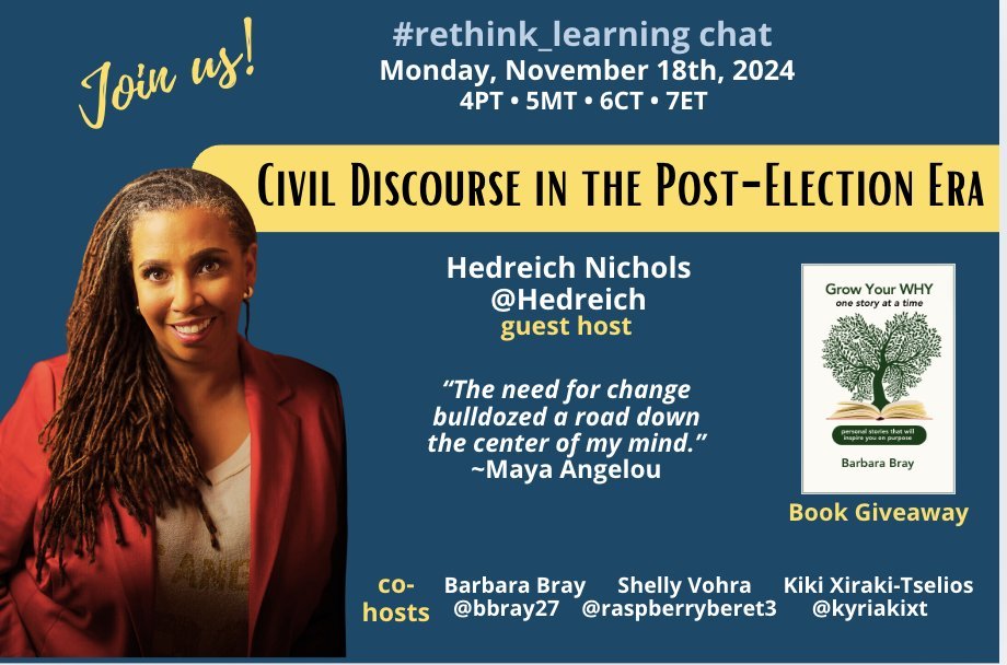 Join us! Mon 11/18/24: #rethink_learning chat with guest host <a href="/Hedreich/">Hedreich Nichols</a> ➡️"Civic Discourse in the Post-Election Era"  -expands on convos just had at #teachpos

<a href="/TheThinkingProj/">The Thinking Project</a> <a href="/CSarkonak/">Chris Sarkonak</a> <a href="/ChrisCulver/">chris culver</a> <a href="/ann177345/">Shelli Ann</a> <a href="/TigerMolly11/">Molly Schaefer</a> <a href="/R_CILR/">Rebecca 🌷</a> <a href="/oldbay84/">Robin L</a> <a href="/Toups_J/">Jerry Toups</a>