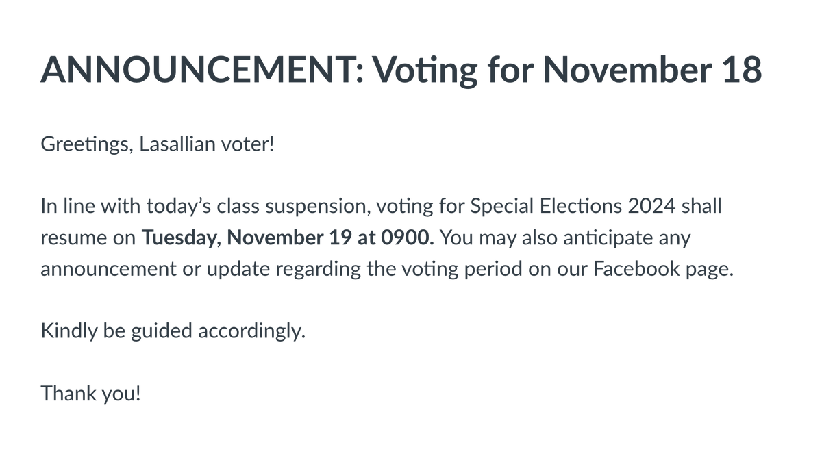 TheLaSallian's tweet photo. JUST IN: The second day of voting for Special Elections 2024 is suspended today in light of the recent class cancelation due to the inclement weather brought by #PepitoPH. The voting precinct on AnimoSpace will resume tomorrow, November 19, at 9 am. #TLSSE2024 https://t.co/AzaDDWYYEJ