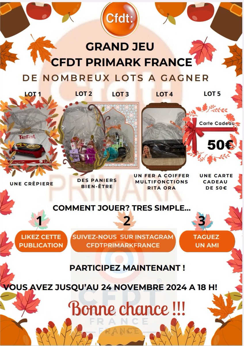 GRAND JEU CFDT PRIMARK FRANCE 

il vous reste plus que quelques jours pour tenter votre chance sur notre page Instagram via notre jeu concours CFDT Primark France 😀 N'attendez plus, rendez-vous sur Insta ! #Concours #Primark #CFDT #JeuConcours