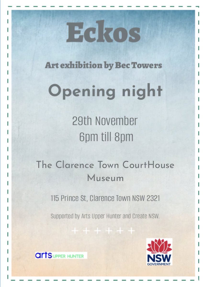 ArtsUpperHunter's tweet photo. Don't miss this exhibition by local artist Bec Towers opening on Friday 29 November.
Opening night on the 29th November 6pm – 8pm
Exhibition open: 30th November and 1st December 2024, 10am – 3pm
Clarence Town Courthouse Museum.
https://t.co/EKRfhBmjqW https://t.co/JFi2voZ9m9