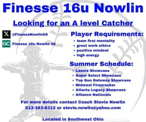 Finesse Nowlin 08 (@finessenowlin08) on Twitter photo Looking to add a catcher to this very talented roster!
Coming off fall going 21-7-2 in great tournaments with tons of college exposure. Will play a very competitive summer schedule as well. 💙🖤💙🖤
<a href="/FinesseOrg/">Finesse Fastpitch</a> Looking to add a catcher to this very talented roster!
Coming off fall going 21-7-2 in great tournaments with tons of college exposure. Will play a very competitive summer schedule as well. 💙🖤💙🖤
<a href="/FinesseOrg/">Finesse Fastpitch</a>