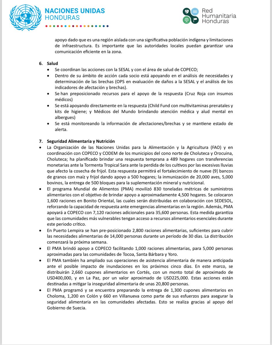 EnriqueReinaHN's tweet photo. En nombre del Pueblo hondureño y el Gobierno de la Presidenta @XiomaraCastroZ agradecemos las acciones de respuesta realizadas hasta el momento por el Sistema @ONUHonduras @cruzrojahon y las agencias de la cooperación internacional y sociedad civil que conforman la Red Humanitaria ante los
efectos de la Tormenta Tropical Sara y que son coordinadas por @copecogob de manera transparente bajo el liderazgo de la Presidenta de la República. Compartimos este informe inicial de 6 páginas.