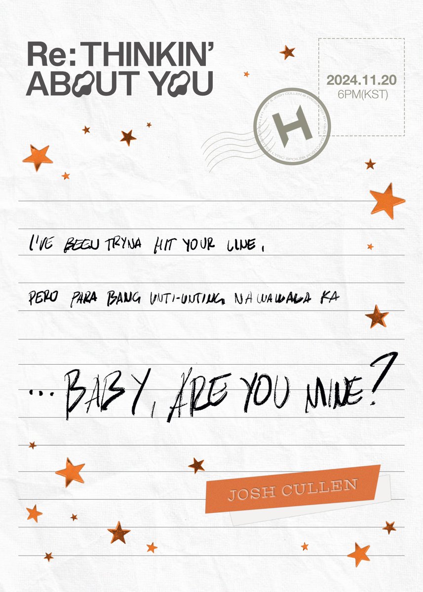 JoshCullen_s's tweet photo. ✉️🖤 H1-KEY(하이키), JOSH CULLEN
⌜Re: Thinkin' About You⌟
Lyric Spoiler

🗓️ 2024.11.20 6PM (KST)

#H1KEY #하이키 #ハイキー
#JOSHCULLEN
#Re_ThinkinAboutYou 
#SEOI #RIINA #HWISEO #YEL https://t.co/LpiDEzr1bX