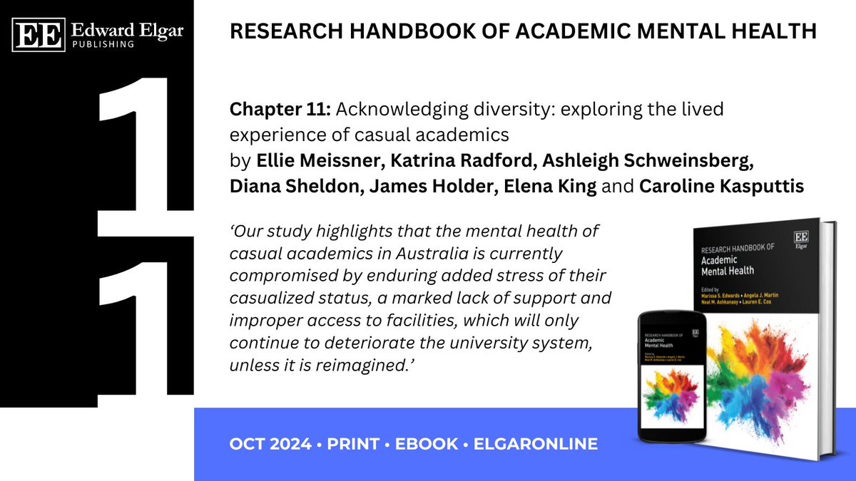 The Research Handbook of Academic Mental Health is available now.

In Chapter 11, Ellie Meissner and colleagues discuss the experiences of casual academics in Australia, highlighting the mental health challenges associated with job insecurity. 

Purchase or recommend to your