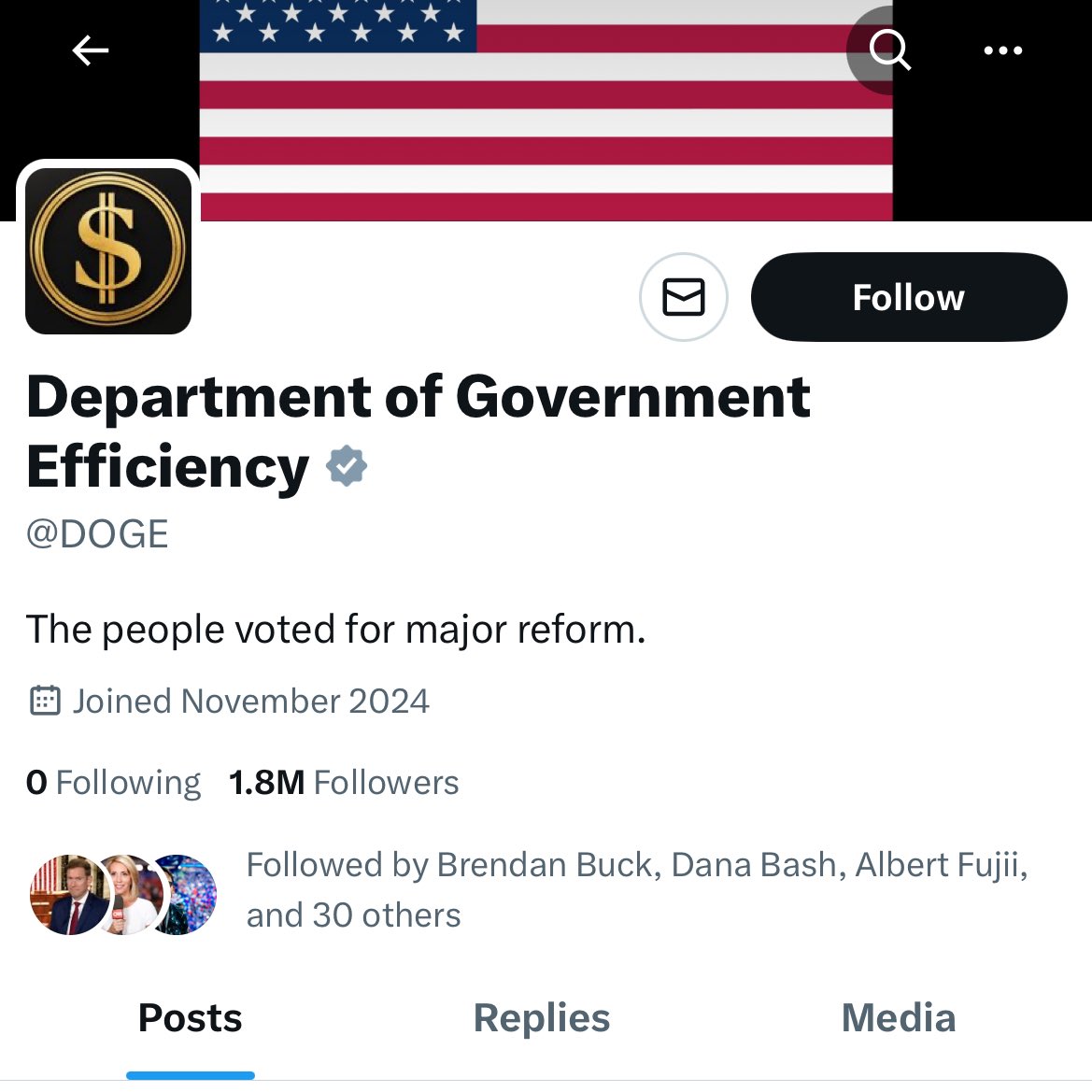 mattmfm's tweet image. This is just ridiculous: the ‘DOGE’ account has a gray verified checkmark denoting it as an ‘official government account’ even though there is currently no such government entity. 

Emblematic of how much this platform has turned into state-run media for Trump.