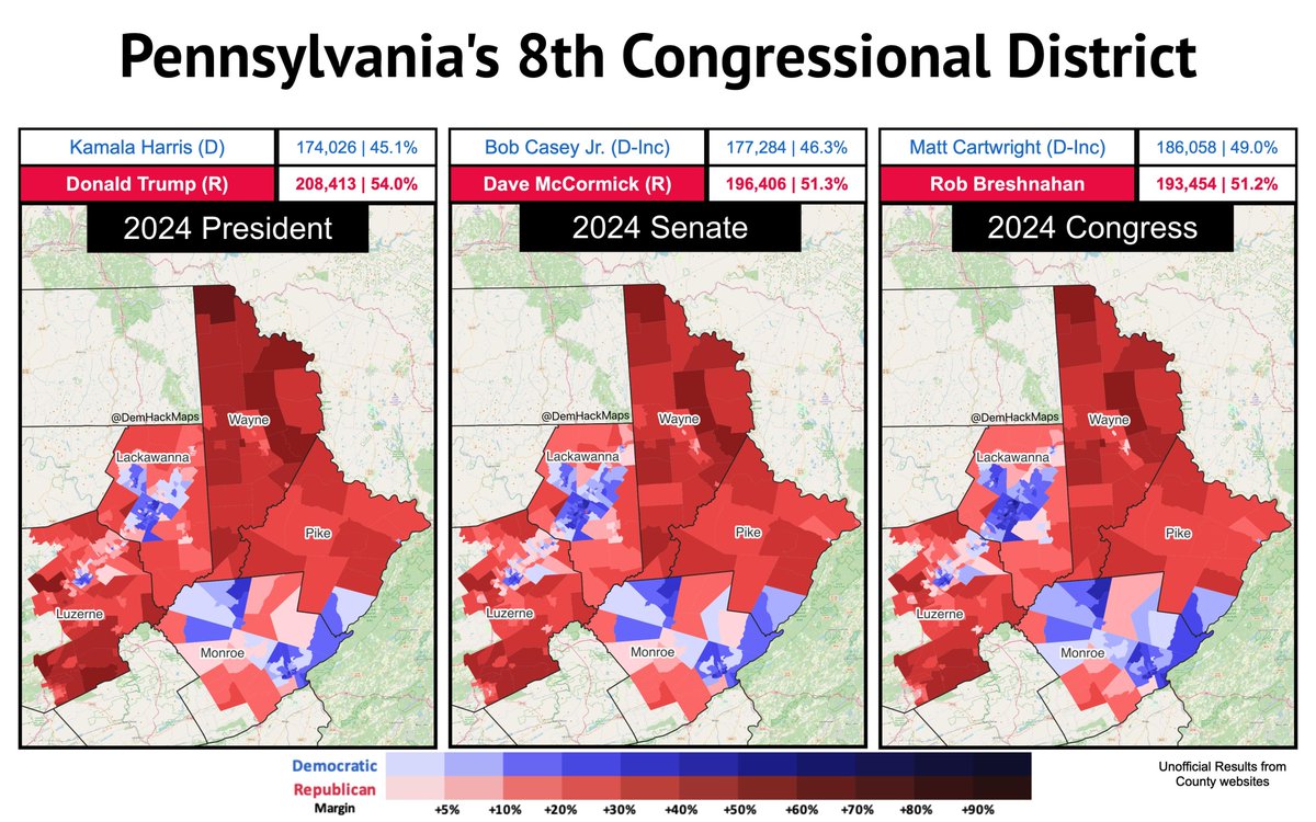 DemHackMaps's tweet image. It is with a heavy heart that I present the results of Pennsylvania's 8th Congressional District in 2024.