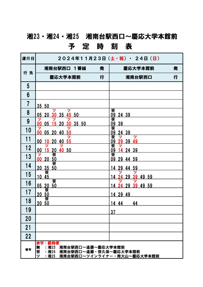 sfc_mediacenter's tweet image. SFC万学博覧会(11/23.24)のバスダイヤ
11/23,24両日、湘南台方面・辻堂方面とも、終日「慶応大学本館前」発着となります。
臨時バスについては、状況に応じて予告無く時間変更・増減便することがありますのでご注意ください。(TT)
sfc.keio.ac.jp/news/025402.ht…