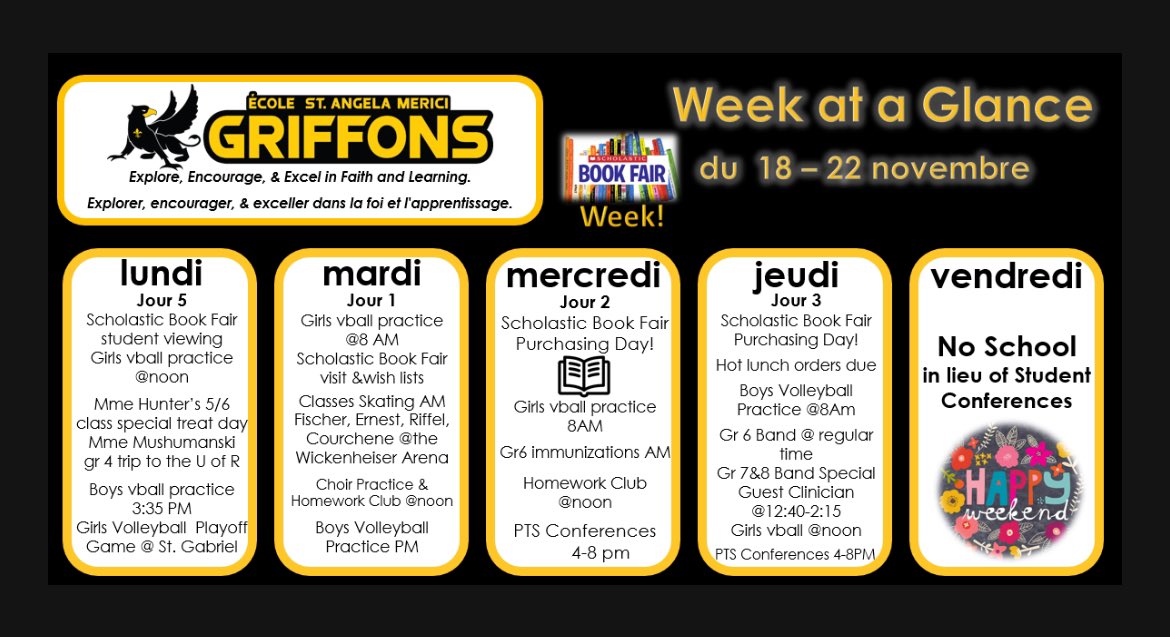We have a great week ahead Griffon family!! Volleyball, skating, choir, homework club, class treats, trips, band, Book Fair and student conferences! It’s a short week packed with amazing learning! See everyone at conferences on Weds &amp; Thursday!