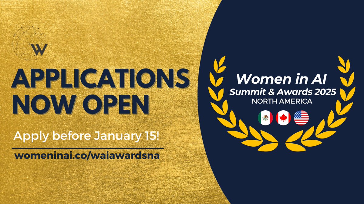 Women in AI Awards NA (@waiawardsna) on Twitter photo โจ๐๐จ๐ฆ๐๐ง ๐ข๐ง ๐๐ ๐๐ฎ๐ฆ๐ฆ๐ข๐ญ & ๐๐ฐ๐๐ซ๐๐ฌ ๐๐จ๐ซ๐ญ๐ก ๐๐ฆ๐๐ซ๐ข๐๐ 2025โจ
๐Join us as we continue to celebrate the incredible women driving innovation and change in #AI across #Canada, #USA, & #Mexico
Application open for <a href="/WAIAwardsNA/">Women in AI Awards NA</a> 2025 ! womeninai.co/waiawardsna โจ๐๐จ๐ฆ๐๐ง ๐ข๐ง ๐๐ ๐๐ฎ๐ฆ๐ฆ๐ข๐ญ & ๐๐ฐ๐๐ซ๐๐ฌ ๐๐จ๐ซ๐ญ๐ก ๐๐ฆ๐๐ซ๐ข๐๐ 2025โจ
๐Join us as we continue to celebrate the incredible women driving innovation and change in #AI across #Canada, #USA, & #Mexico
Application open for <a href="/WAIAwardsNA/">Women in AI Awards NA</a> 2025 ! womeninai.co/waiawardsna