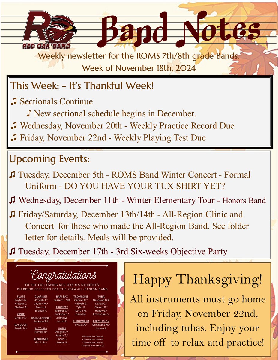 RedOakMSBand's tweet photo. See below for this week's newsletters. Only 1 more week until Thanksgiving! All instruments go home on Friday. https://t.co/VaSfiAOGGu