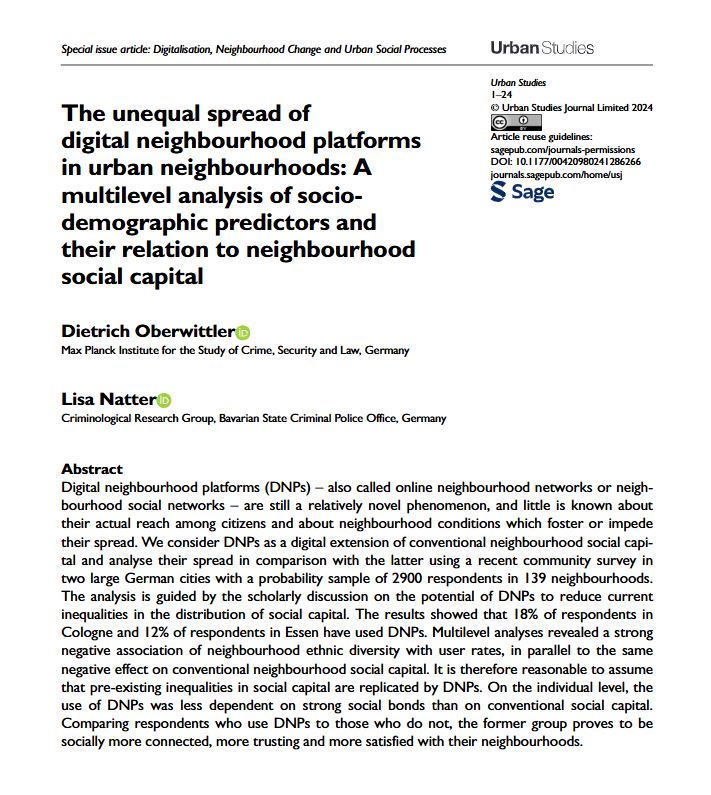 USJ_online's tweet photo. New research paper examines the prevalence of the use of digital neighbourhood #platforms and its sociodemographic predictors both on individual and #neighbourhood levels, and comparing the findings with conventional forms of neighbourhood #SocialCapital
https://t.co/acTJ6f1oKy https://t.co/vqez4JTssO
