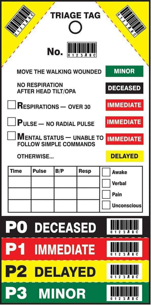 medictests's tweet photo. START TRIAGE The Quick And Dirty!
1. Move WALKING WOUNDED.
2. No respirations after head tilt? - BLACK.
3. Assess RPM. If any RPM fails, they are RED.
4. Anyone left is YELLOW. https://t.co/RhU7MrilfJ