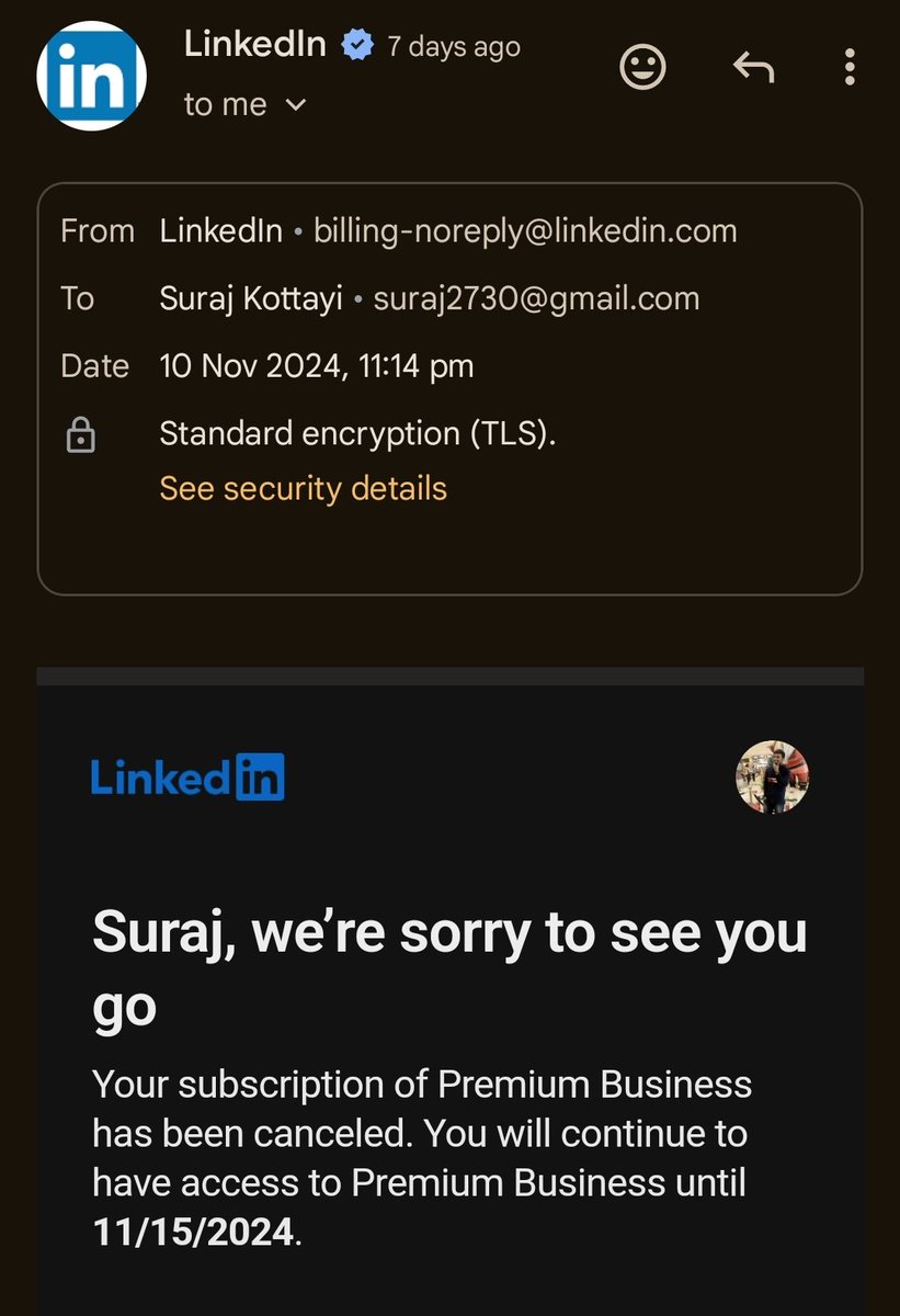 Suraj2730's tweet photo. @GooglePlay
Dear Google play,

I had canceled the linked subscription on 10th Nov but was charged  Rs3250 through  ur platform. When I requested for refund with linked in team, theu directed me towards Google play. I m afraid i willl have tp file a lawsuit if not refunded. https://t.co/wQf06ShE7c