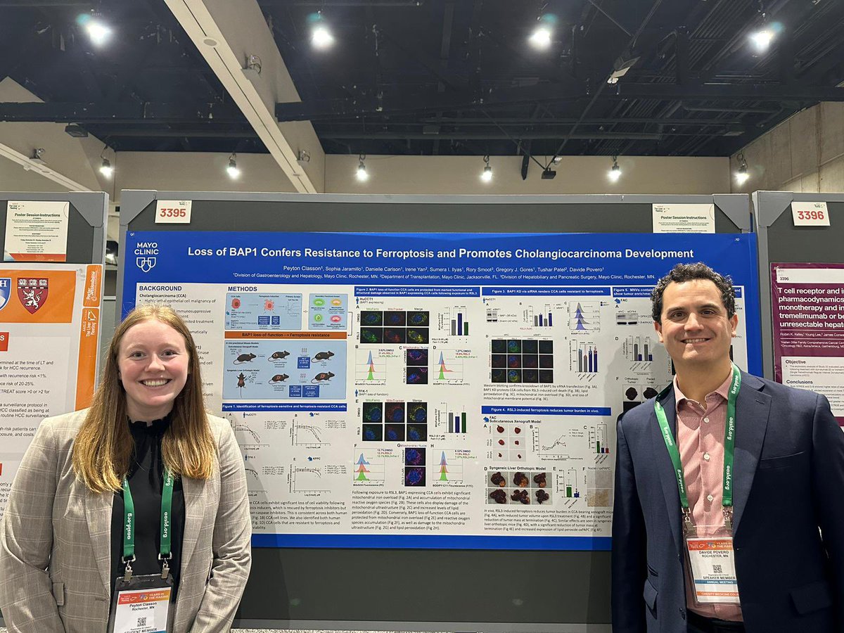 Davide Povero, PhD, MBA (@davidepovero) on Twitter photo Great job Peyton Classon presenting our poster on BAP1 and #ferroptosis in cholangiocarcinoma. Go IronTeam!!! #TLM2024 <a href="/AASLDtweets/">AASLD</a> <a href="/curecc/">Cholangiocarcinoma Foundation</a> <a href="/MayoClinicGIHep/">Mayo Clinic Gastroenterology & Hepatology</a> Great job Peyton Classon presenting our poster on BAP1 and #ferroptosis in cholangiocarcinoma. Go IronTeam!!! #TLM2024 <a href="/AASLDtweets/">AASLD</a> <a href="/curecc/">Cholangiocarcinoma Foundation</a> <a href="/MayoClinicGIHep/">Mayo Clinic Gastroenterology & Hepatology</a>