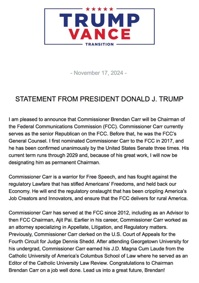 So excited for new leadership at the FCC!

<a href="/BrendanCarrFCC/">Brendan Carr</a> knows what needs to be done and undone!

Excellent choice by President Donald J. Trump!