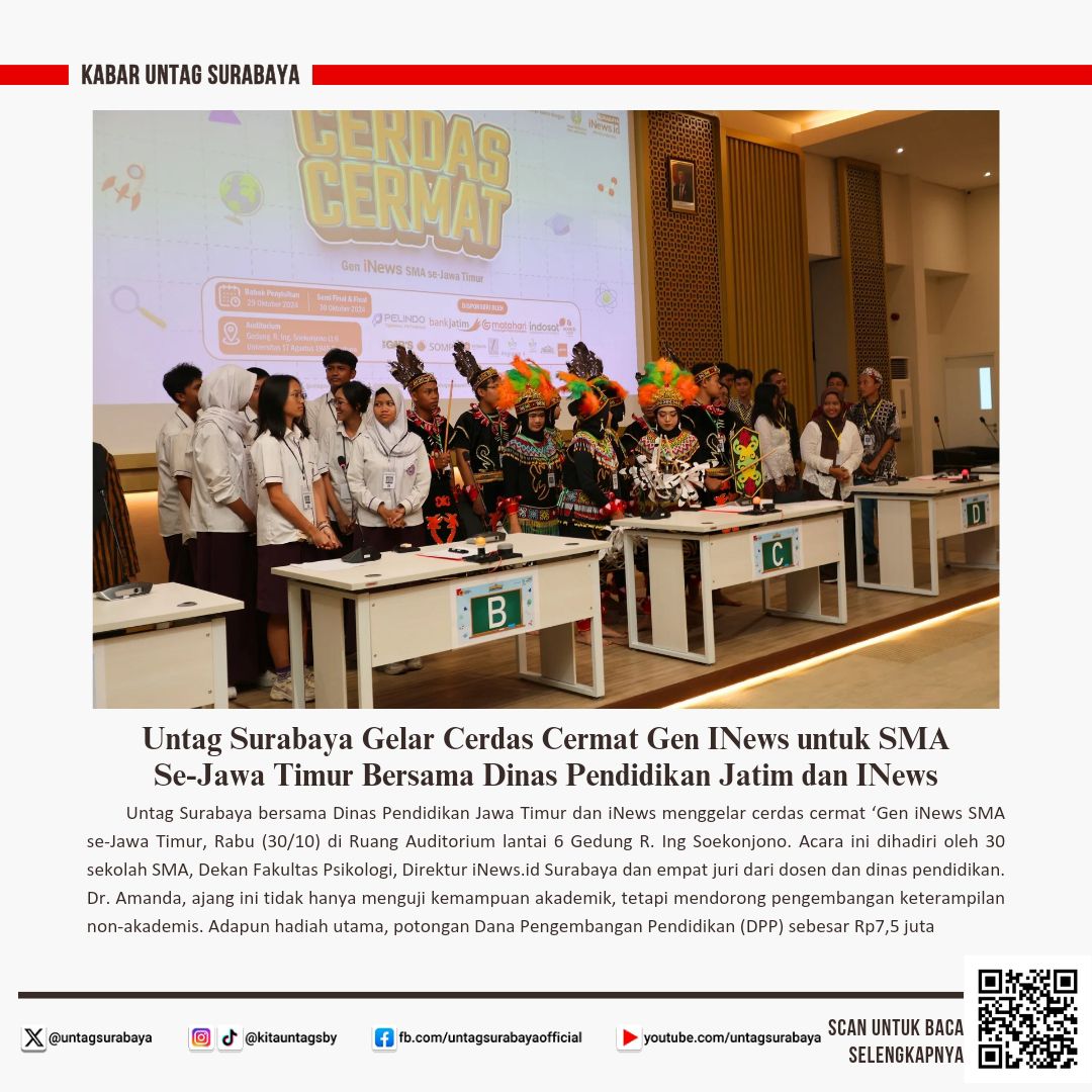 Halo, Sahabat Merah Putih!🙌

Beragam kegiatan seru dan edukatif di bulan Oktober membawa energi positif untuk kita semua. Mulai dari pelaksanaan program WMK, lomba cerdas cermat, hingga berbagai seminar menarik. 

Cek disini untuk berita selengkapnya  untag-sby.ac.id