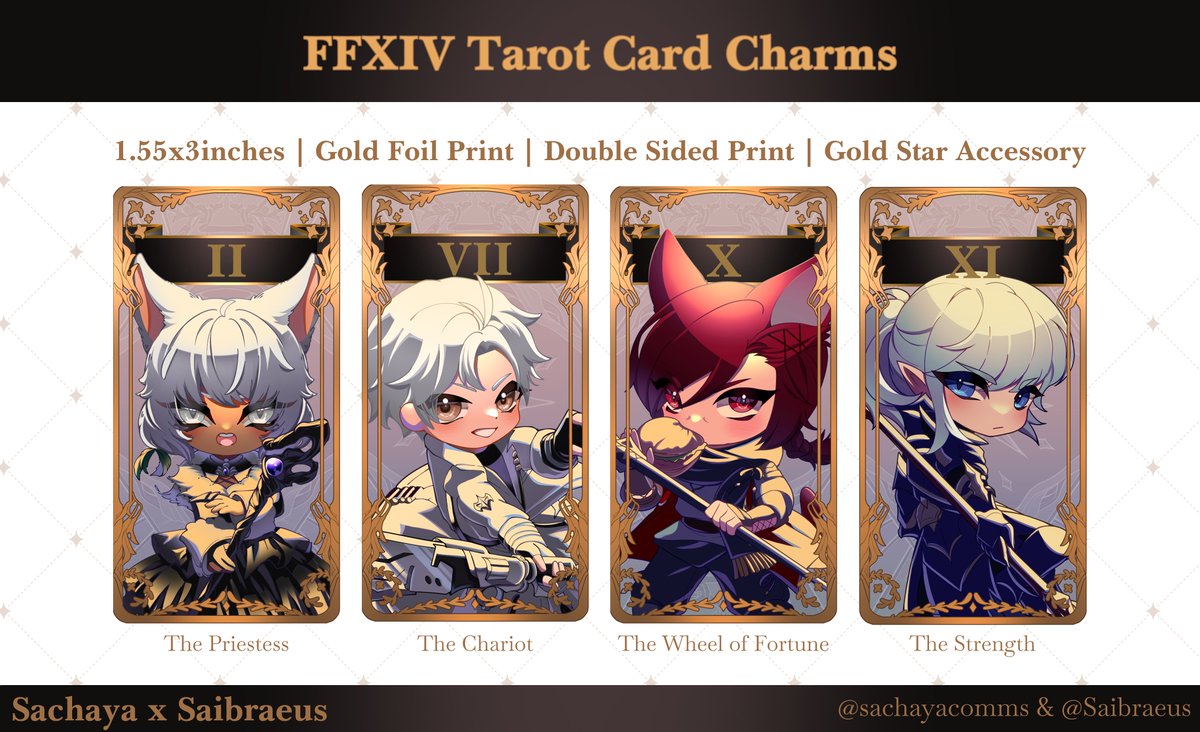 [💛+🔄 appreciated!]

Our FFXIV Gold Foil Tarot charms are now up for preorder as well!

ko-fi.com/s/ef6c38d75d

The designs were made in collaboration with <a href="/saibraeus/">Sai ✧✧ Back in Nov ✈️</a> ! Please come grab a pretty tarot charm of your own! &lt;3 #ffxiv #ffxivart #artshop