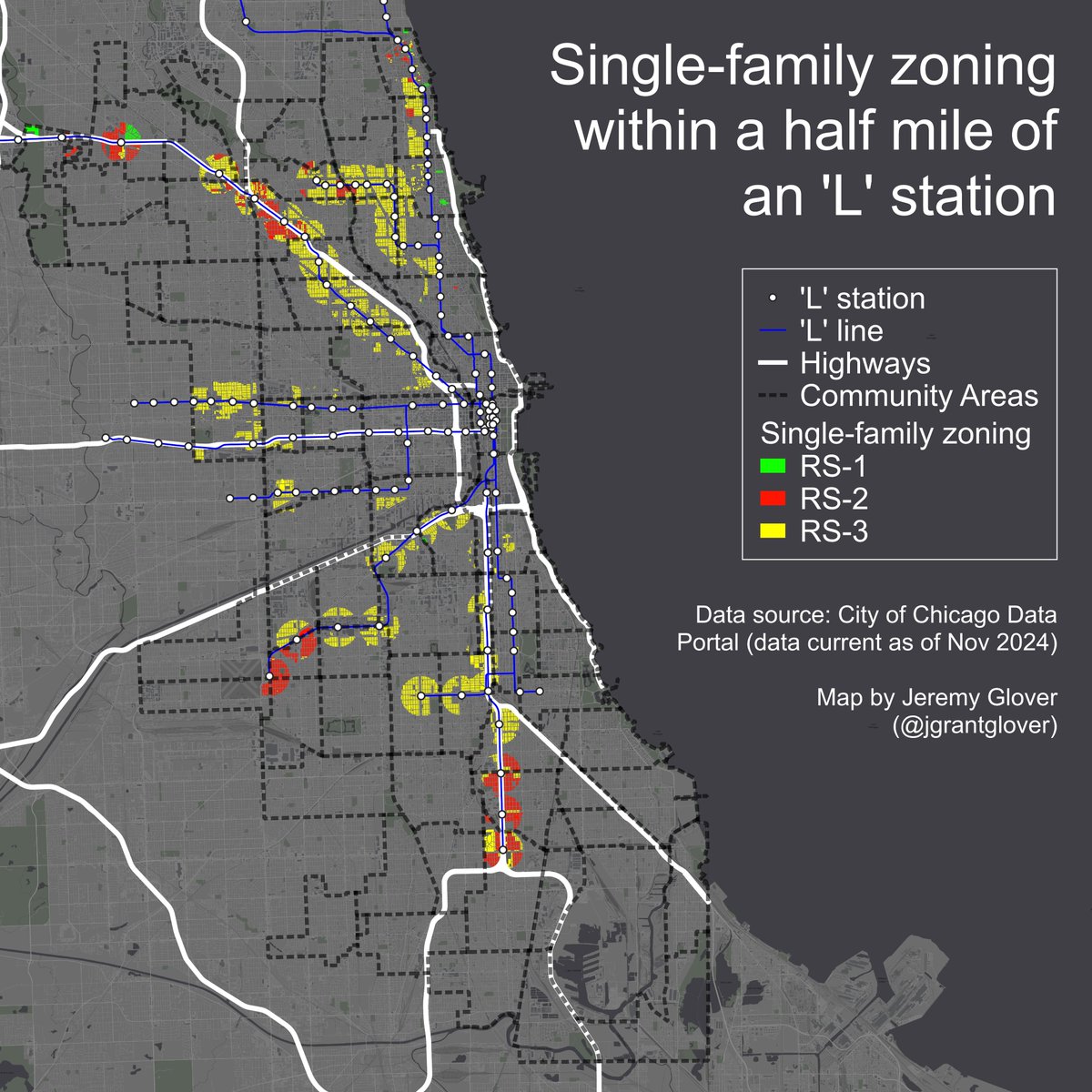 By my calculation, 37% of parcels within a half mile of an 'L' stop are zoned for single-family housing. That's pretty embarrassing, but some lines are much worse than others. The O'Hare Branch of the Blue Line and the Brown Line are particularly bad.