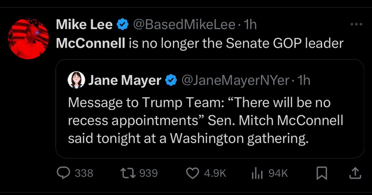 EricLDaugh's tweet photo. 🚨 ALERT RE: McConnell - something sketchy is going on.

This news of McConnell telling Trump “no recess appointments” has been DELETED by the D.C.-based New Yorker reporter….

AFTER a sitting US Senator (@BasedMikeLee) and basically the entirety of X got wind of the news.

It is a SEVERE F-up for a reporter with a news organization to somehow devise a quote up out of nowhere and attribute it to the wrong person. The event is reportedly in DC, and this reporter is based there.

Why delete it?

And NO retraction OR correction is listed on her account.

Was she given a command by a higher up because of the blowback?