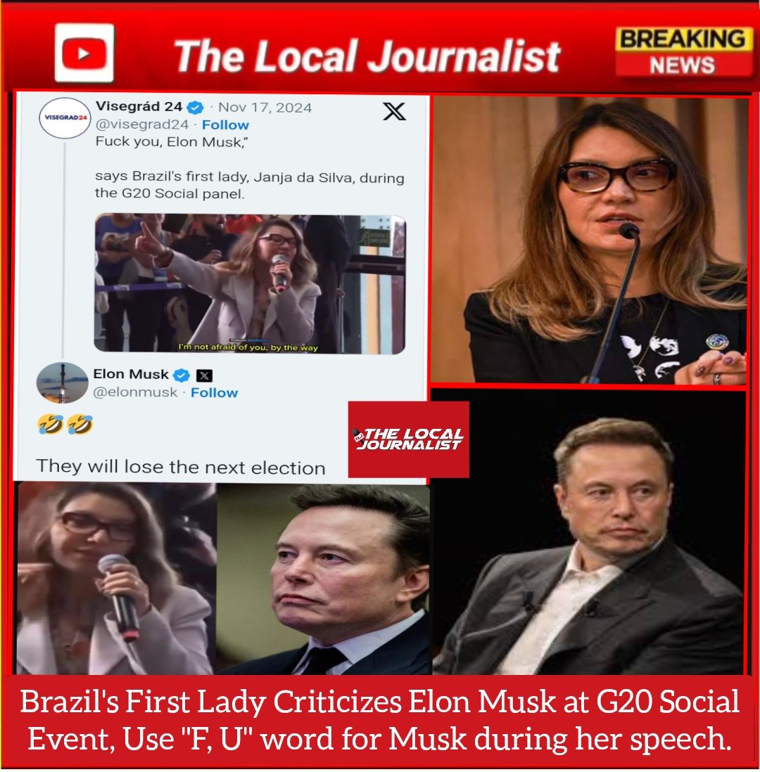 JournalistLocal's tweet image. TLJ International : Brazil's First Lady Criticizes Elon Musk at G20 Social Event, Use "F, U" word for Musk during her speech.
Musk responded "You will lose next election 

#presidentluladasilva #janjaluladasilva #brazilfirstlady🇧🇷 #elonmusk #x #twitterx