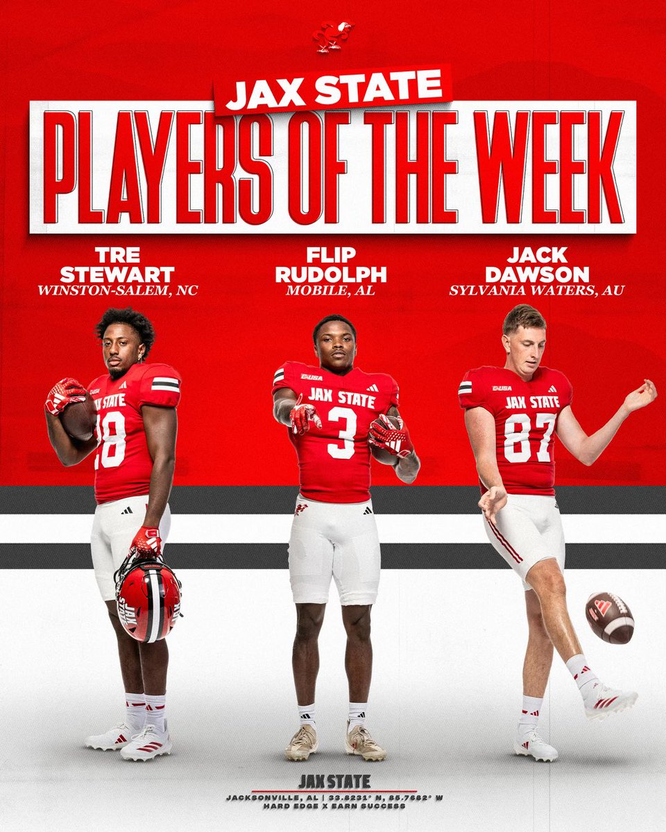 Jax State Football (@jaxstatefb) on Twitter photo Jax State Players of the Week presented by Anthony Fleming State Farm‼️
<a href="/treseanstewart8/">Tresean Stewart</a>
<a href="/FlipRudolph/">The1️⃣&OnlyFlip</a>
<a href="/J_Dawson9/">Jack Dawson</a>
#HardEdge | #EarnSuccess Jax State Players of the Week presented by Anthony Fleming State Farm‼️
<a href="/treseanstewart8/">Tresean Stewart</a>
<a href="/FlipRudolph/">The1️⃣&OnlyFlip</a>
<a href="/J_Dawson9/">Jack Dawson</a>
#HardEdge | #EarnSuccess