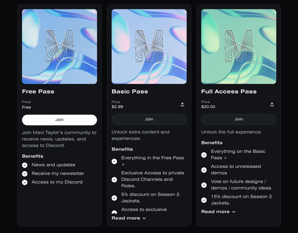 And the Mavi Passes? They come in 3 tiers, with different perks including:
✨ A monthly newsletter
✨ Discounts on merch
✨ A chance to vote on which demos get finished next
✨ Vote on color palettes for future Mavi Tailored jackets
✨ Vote on designs for upcoming merch