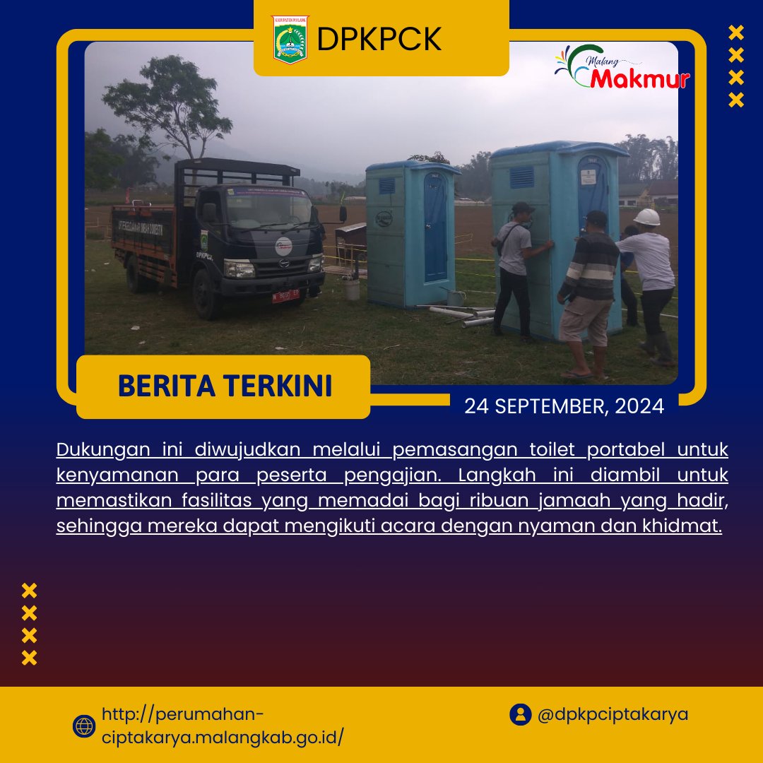 dpkpck's tweet photo. Dukungan DPKPCK pada Acara Pengajian Umum Gus Idham

Pada  tanggal 24 September 2024, Dinas Perumahan, Kawasan Permukiman, dan  Cipta Karya (DPKPCK) memberikan dukungan penuh pada acara pengajian umum  yang dipimpin oleh Gus Idham di lapangan Desa Tawangsari, Kecamatan  Pujon. https://t.co/EBiN0Z774k