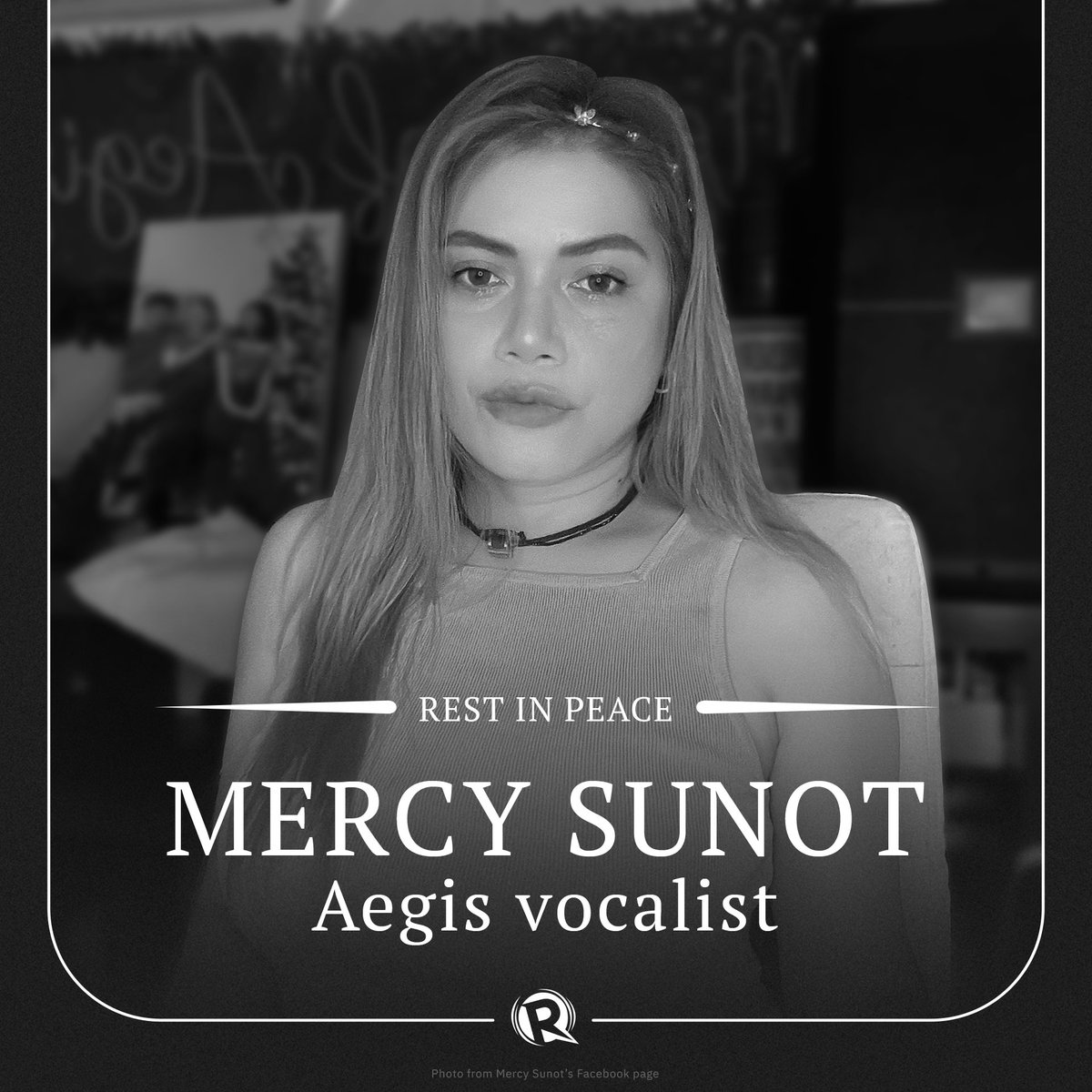 rapplerdotcom's tweet photo. REST IN PEACE, MERCY. 

Mercy Sunot, one of the singers of Filipino rock band Aegis, died, the band announced on Facebook, Monday morning, November 18. https://t.co/ohrslfmCBz https://t.co/AaccQtzSs5